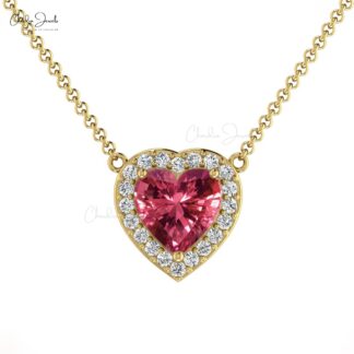 Dainty Diamond Halo Necklace With Heart Pink Tourmaline 14k Real Gold Fine Jewelry