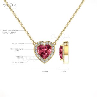 Dainty Diamond Halo Necklace With Heart Pink Tourmaline 14k Real Gold Fine Jewelry