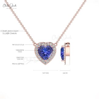 Halo Heart Necklace With 5mm Tanzanite And Diamond Accents In 14k Real Gold Necklace