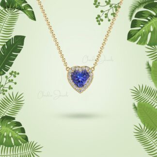 Halo Heart Necklace With 5mm Tanzanite And Diamond Accents In 14k Real Gold Necklace