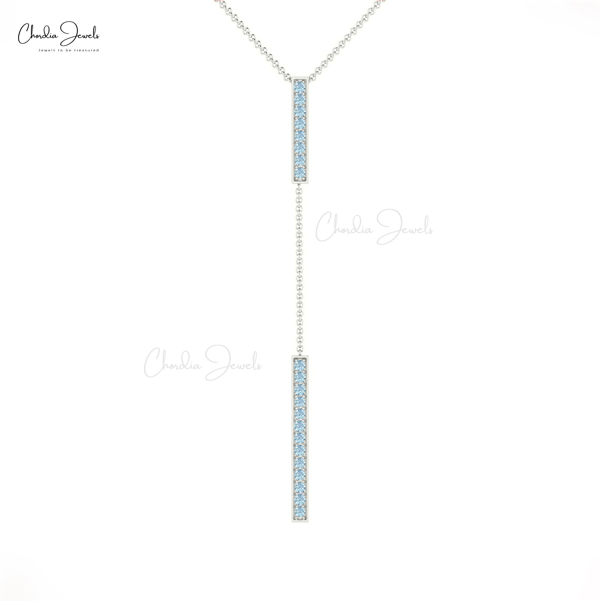 2mm Aquamarine Gemstone Lariat Drop Chain Necklace in 14k Solid Gold