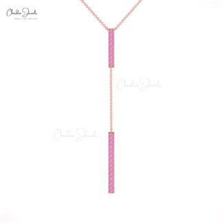 Real 14k Gold Drop Bar Necklace With Genuine Pink Sapphire