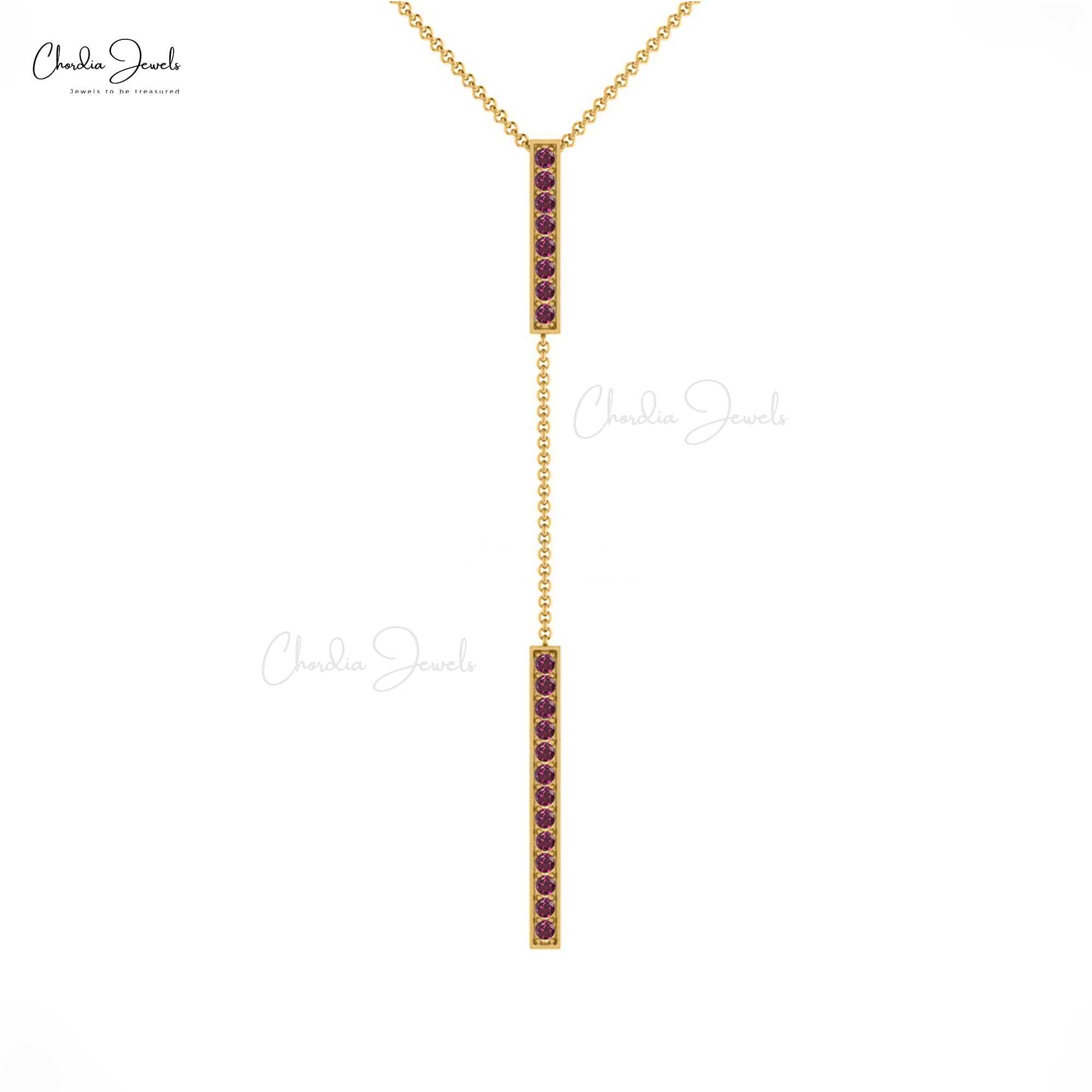 Round Rhodolite Garnet Lariat Drop Chain Pave Necklace in 14k Solid Gold