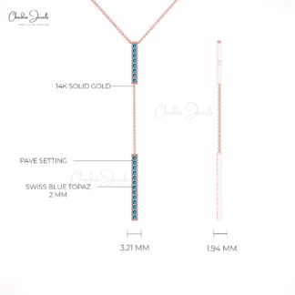 Pave Set Swiss Blue Topaz 14k Solid Gold Long Drop Chain Necklace For Wife