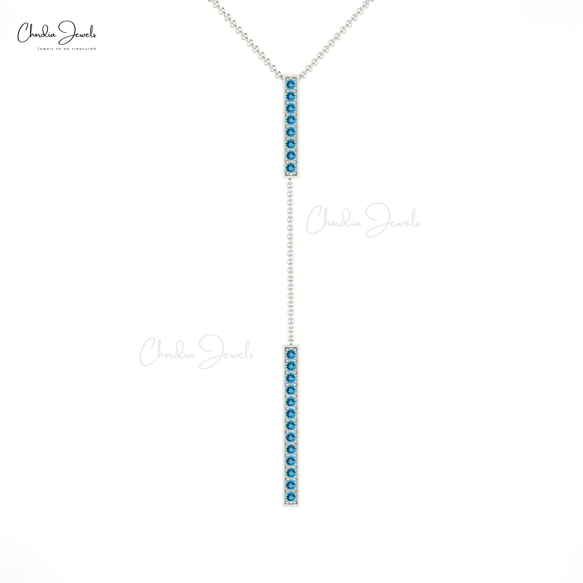 Pave Set Swiss Blue Topaz 14k Solid Gold Long Drop Chain Necklace For Wife