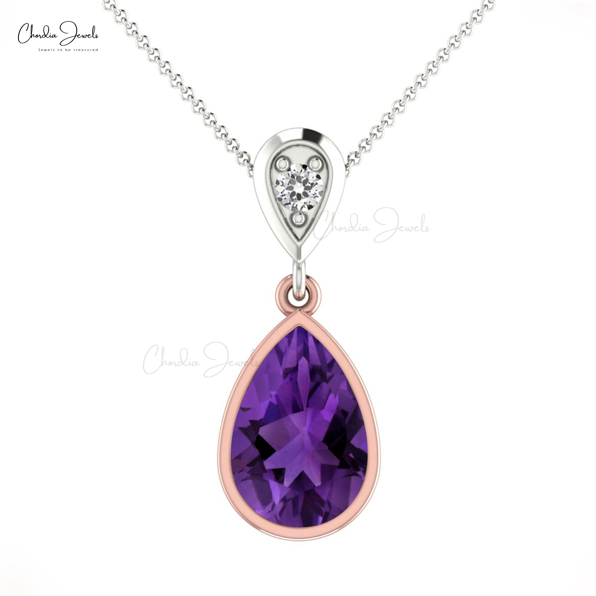 Tear Drop Dangle Pendant In 14k Solid 2 Gold Tone 9x6mm Amethyst Diamond Pendants