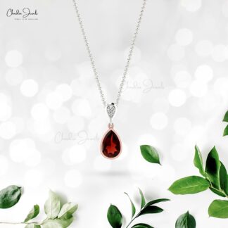 Dangling Gemstone Pendant With 1.61 Ct Red Garnet & Diamond 14k Real Gold 2 Necklace