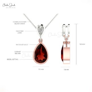 Dangling Gemstone Pendant With 1.61 Ct Red Garnet & Diamond 14k Real Gold 2 Necklace