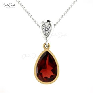 Dangling Gemstone Pendant With 1.61 Ct Red Garnet & Diamond 14k Real Gold 2 Necklace