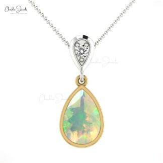 Diamond Natural Ethiopian Opal Pendant 9X6mm Pear Cut Gemstone