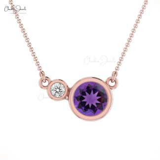 Two-Stone Natural Amethyst & Diamond 14k Solid Gold Necklace