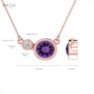 Two-Stone Natural Amethyst & Diamond 14k Solid Gold Necklace