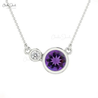 Two-Stone Natural Amethyst & Diamond 14k Solid Gold Necklace