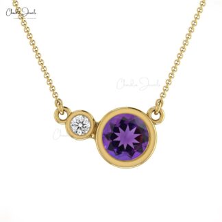 Two-Stone Natural Amethyst & Diamond 14k Solid Gold Necklace