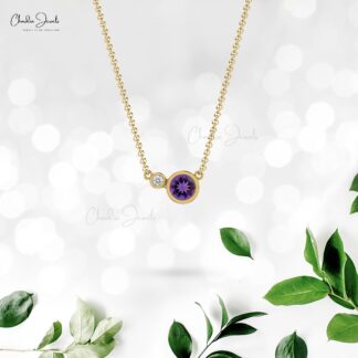 Two-Stone Natural Amethyst & Diamond 14k Solid Gold Necklace