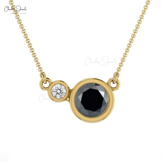 Bezel Set Diamond Necklace In 14k Real Gold Black Diamond April Birthstone Jewelry