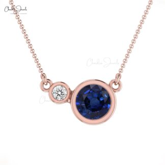Natural Blue Sapphire and Diamond Accented in 14k Solid Gold 2 Stone Necklace