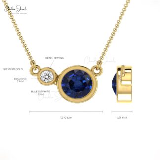 Natural Blue Sapphire and Diamond Accented in 14k Solid Gold 2 Stone Necklace