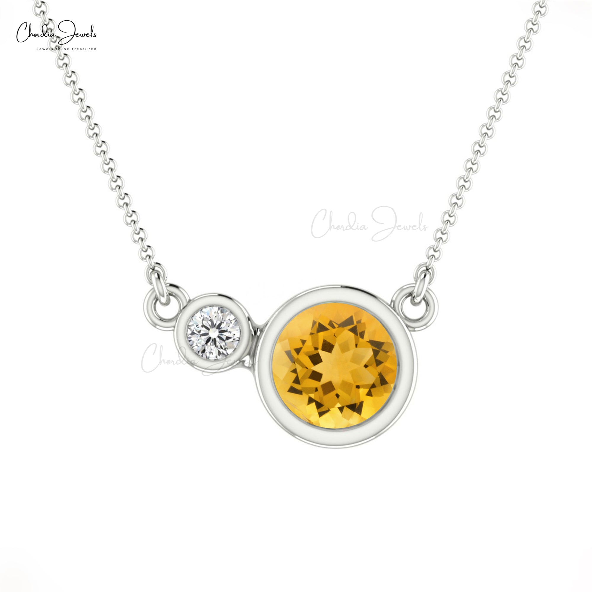 Delicate 2 Stone Necklace With 0.56 Ct Citrine Diamond Accents In 14k Real Gold Necklace
