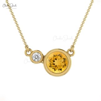 Delicate 2 Stone Necklace With 0.56 Ct Citrine Diamond Accents In 14k Real Gold Necklace