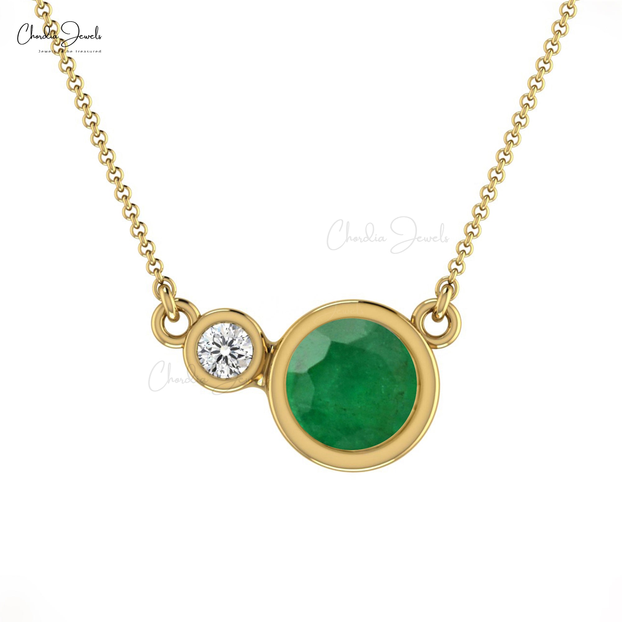 Two Stone Women Necklace In Solid 14k Gold Zambian Emerald And Diamond Chain Necklaces