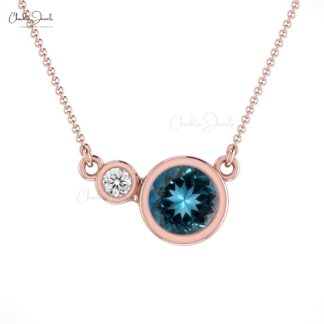 Brilliant Cut 2 Stone Necklace With 5mm London Blue Topaz And Diamond Wedding Necklace