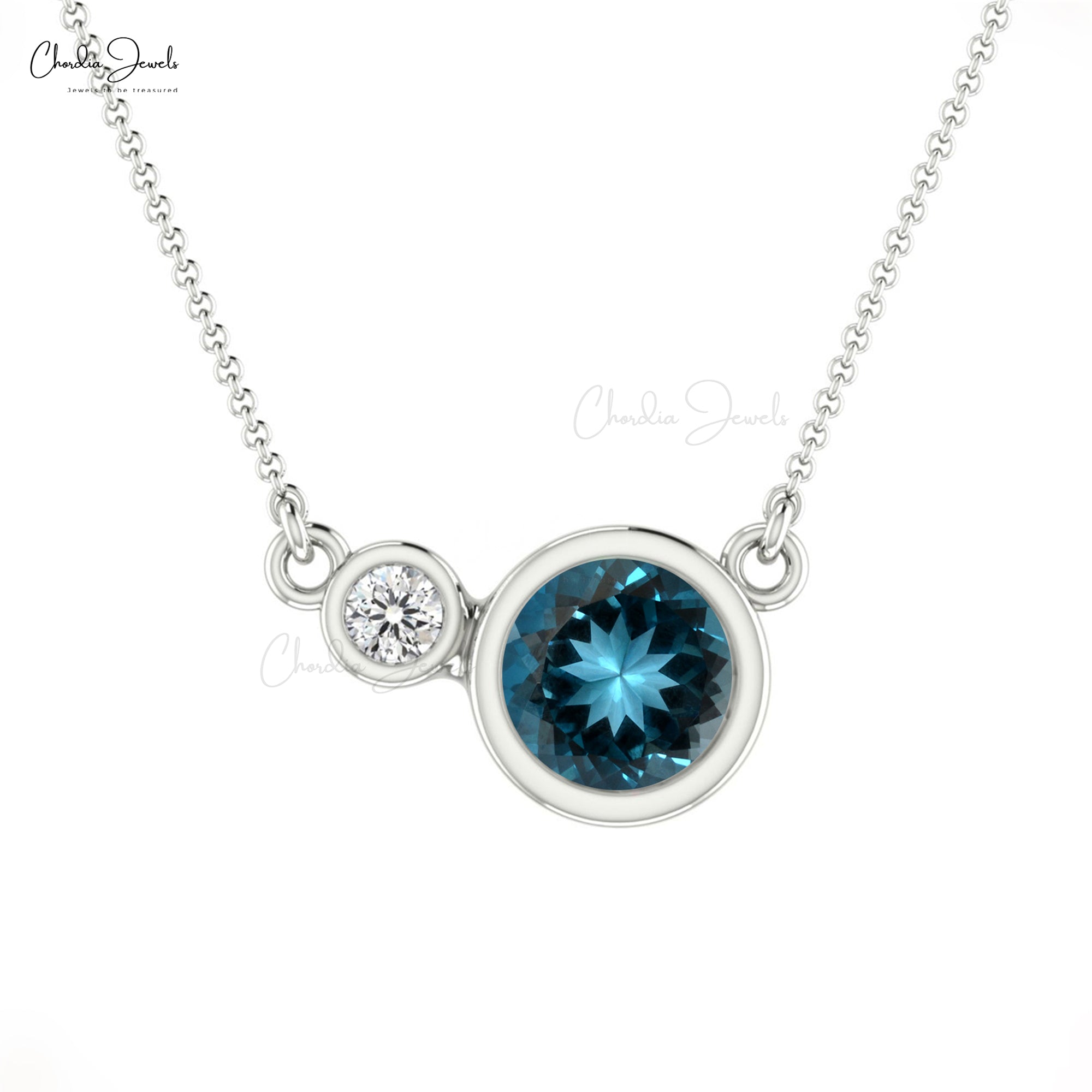 Brilliant Cut 2 Stone Necklace With 5mm London Blue Topaz And Diamond Wedding Necklace