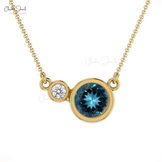 Brilliant Cut 2 Stone Necklace With 5mm London Blue Topaz And Diamond Wedding Necklace