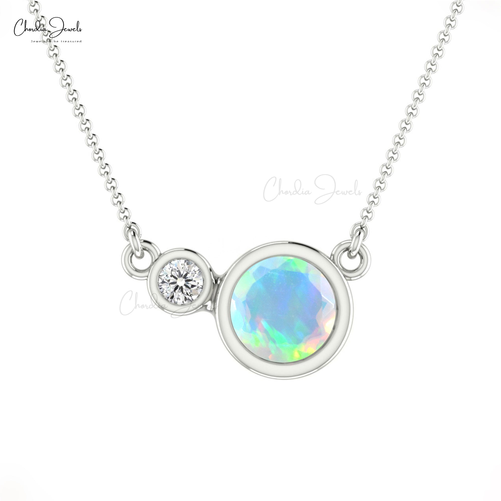 Bezel Set Natural Opal & Diamond Necklace In 14k Real Gold