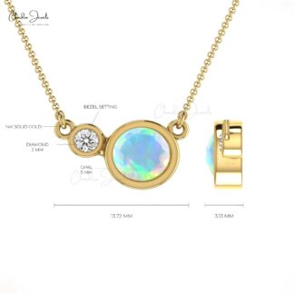 Bezel Set Natural Opal & Diamond Necklace In 14k Real Gold