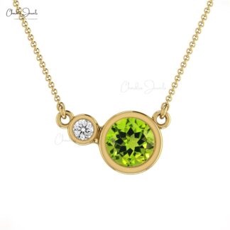 Solid 14k Gold Natural Peridot & Diamond Bezel Set Necklace