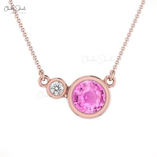 Dual Birthstone Necklace In 14k Real Gold Pink Sapphire 0.56 Ct Gemstone & Diamond Jewelry