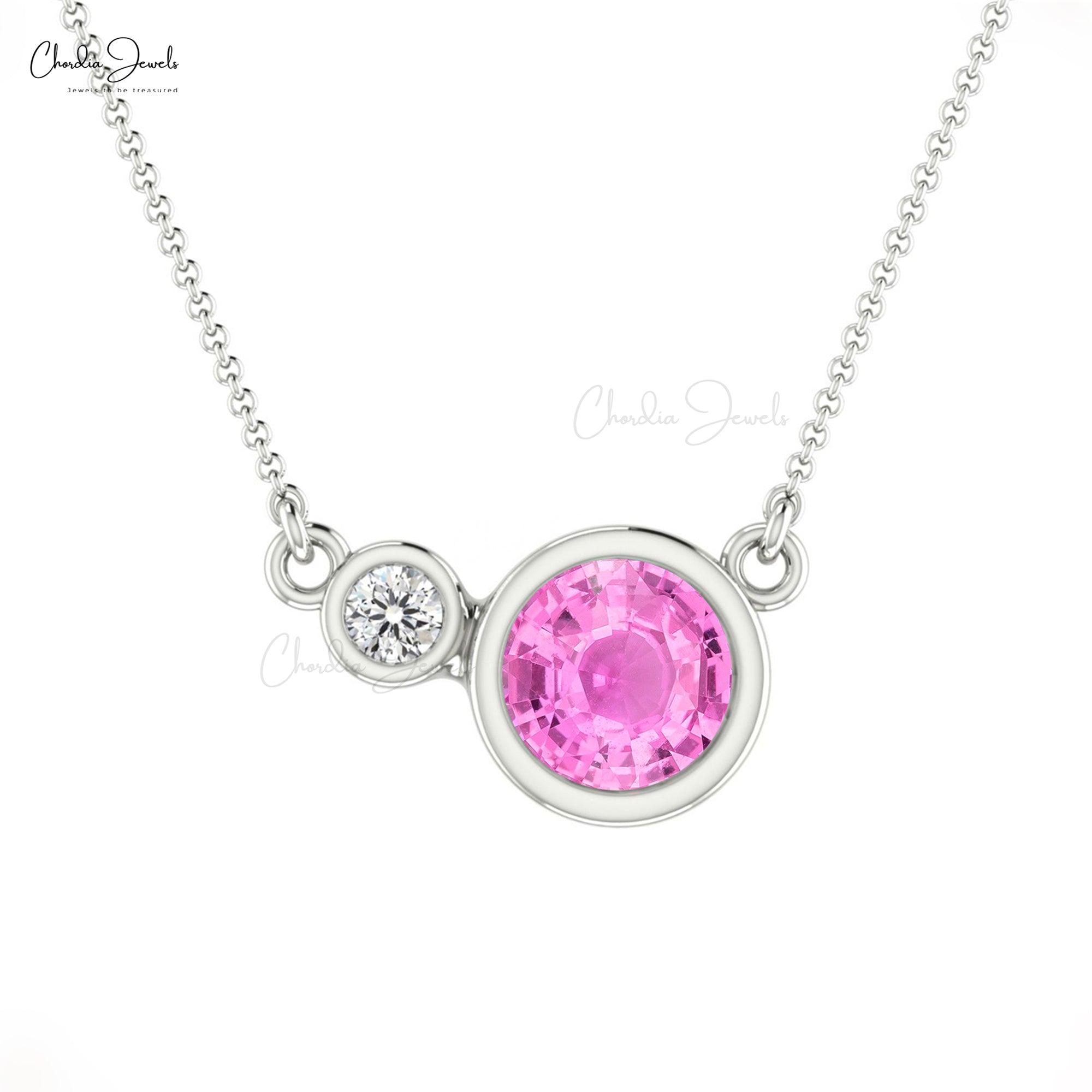 Dual Birthstone Necklace In 14k Real Gold Pink Sapphire 0.56 Ct Gemstone & Diamond Jewelry