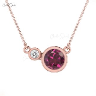 Solid 14k Gold 2 Stone Necklace In 0.56 Ct Rhodolite Garnet Diamond Minimal Necklace