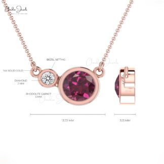 Solid 14k Gold 2 Stone Necklace In 0.56 Ct Rhodolite Garnet Diamond Minimal Necklace