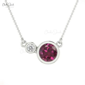 Solid 14k Gold 2 Stone Necklace In 0.56 Ct Rhodolite Garnet Diamond Minimal Necklace