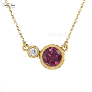 Solid 14k Gold 2 Stone Necklace In 0.56 Ct Rhodolite Garnet Diamond Minimal Necklace
