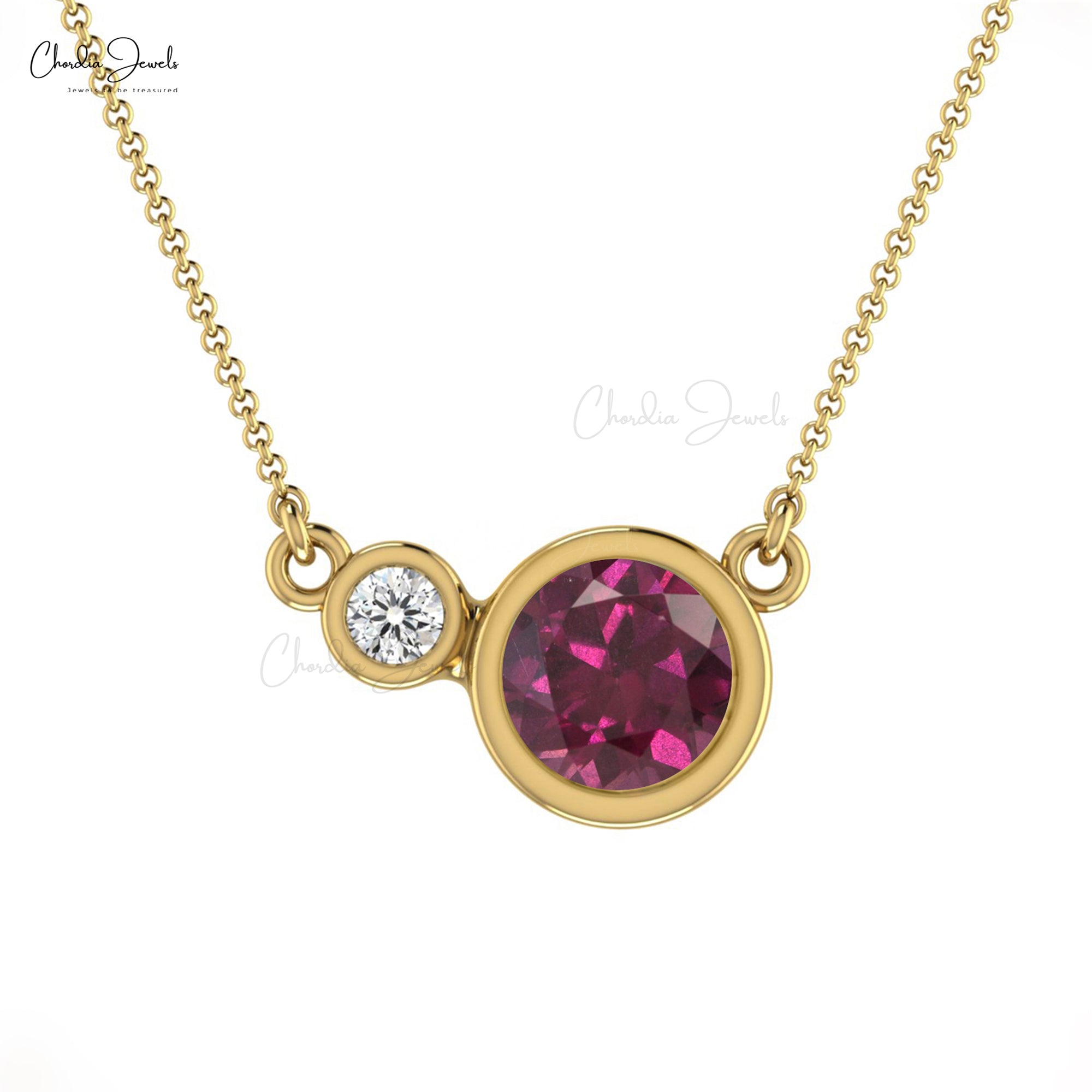 Solid 14k Gold 2 Stone Necklace In 0.56 Ct Rhodolite Garnet Diamond Minimal Necklace