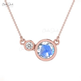 Two Stone Moonstone & Diamond Bezel Set Necklace 14k Real Gold Light Weight Necklace