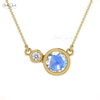 Two Stone Moonstone & Diamond Bezel Set Necklace 14k Real Gold Light Weight Necklace