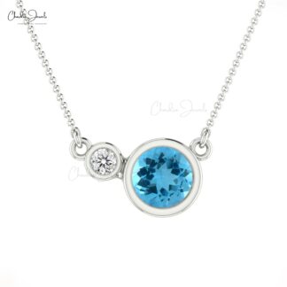 14k Real Gold Diamond And 0.56Ct Swiss Blue Topaz Gemstone Bezel Set Necklace