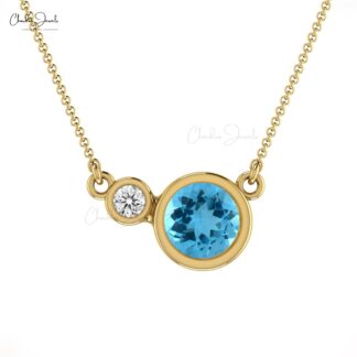 14k Real Gold Diamond And 0.56Ct Swiss Blue Topaz Gemstone Bezel Set Necklace