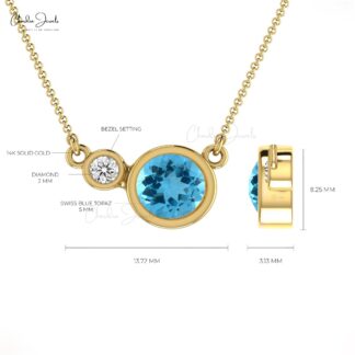 14k Real Gold Diamond And 0.56Ct Swiss Blue Topaz Gemstone Bezel Set Necklace