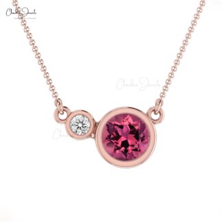 Round Two Stone Necklace In Pure 14k Gold Pink Tourmaline And G-H Diamond Women Necklace