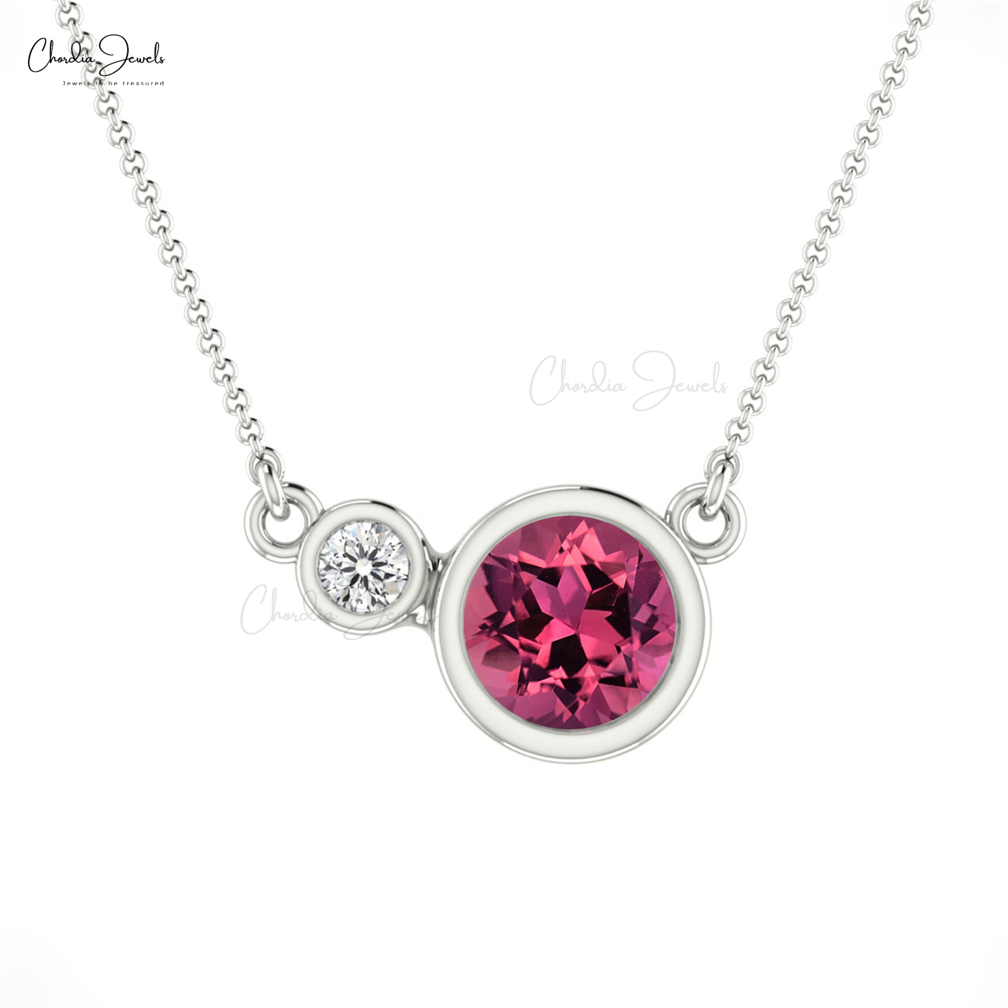 Round Two Stone Necklace In Pure 14k Gold Pink Tourmaline And G-H Diamond Women Necklace