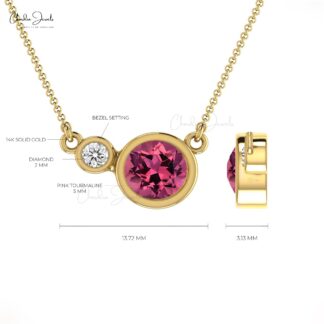 Round Two Stone Necklace In Pure 14k Gold Pink Tourmaline And G-H Diamond Women Necklace