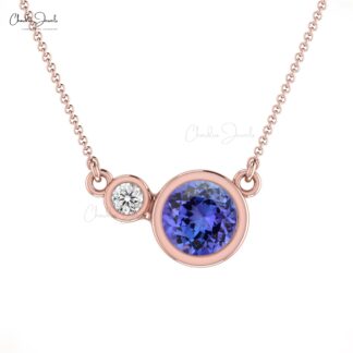Dual Stone Charm With 5mm Tanzanite And Diamond Bezel Set in 14k Solid Gold Necklace