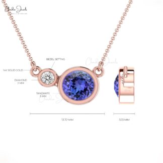 Dual Stone Charm With 5mm Tanzanite And Diamond Bezel Set in 14k Solid Gold Necklace