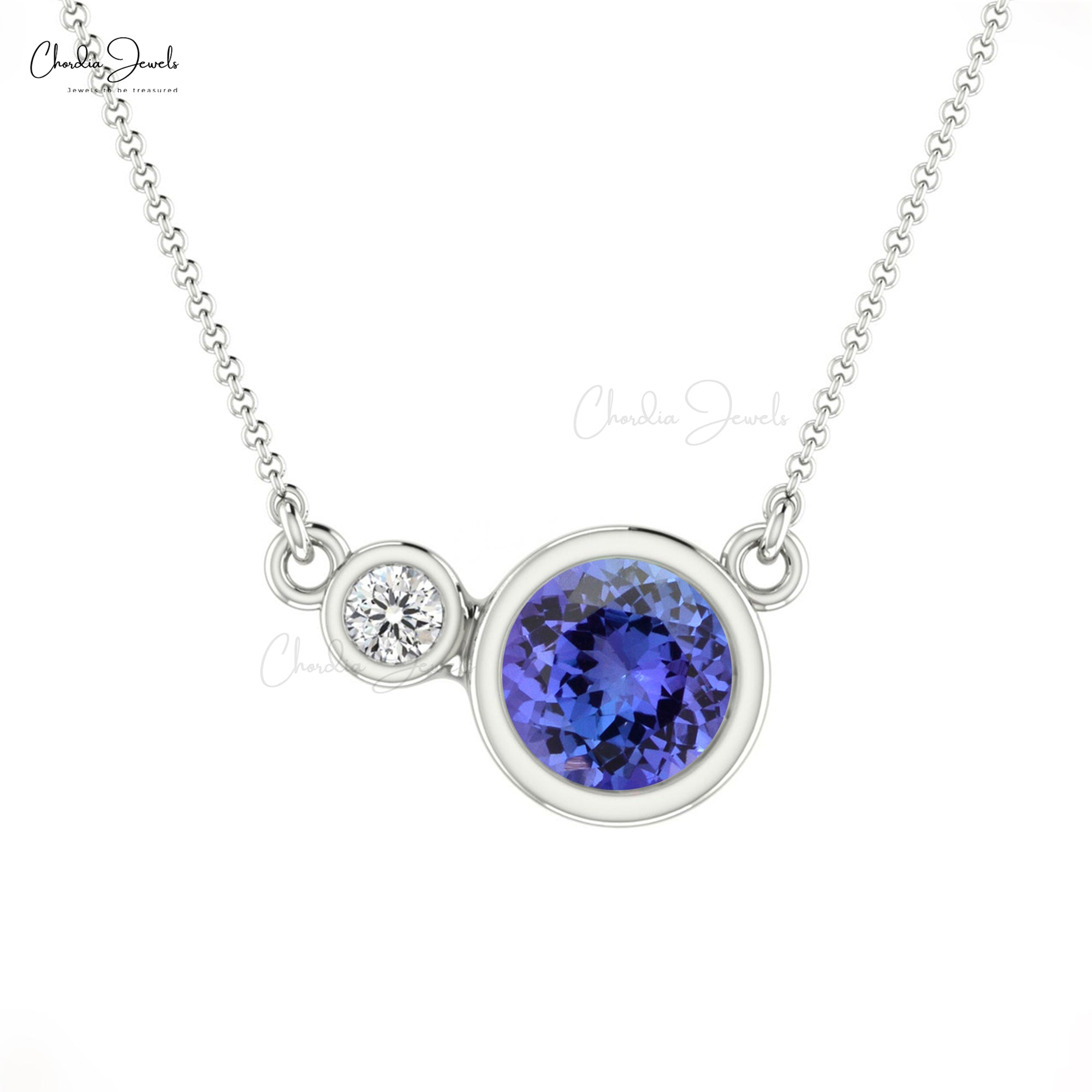 Dual Stone Charm With 5mm Tanzanite And Diamond Bezel Set in 14k Solid Gold Necklace