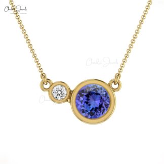 Dual Stone Charm With 5mm Tanzanite And Diamond Bezel Set in 14k Solid Gold Necklace